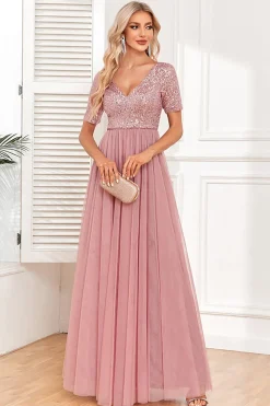 Dusty Rose A-Line V Neck Tulle Prom Dress with Short Sleeves