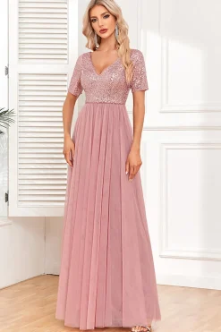 Dusty Rose A-Line V Neck Tulle Prom Dress with Short Sleeves