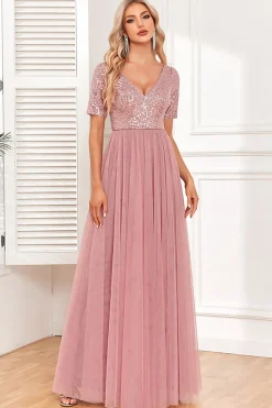 Dusty Rose A-Line V Neck Tulle Prom Dress with Short Sleeves