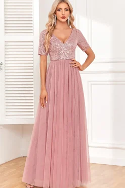 Dusty Rose A-Line V Neck Tulle Prom Dress with Short Sleeves
