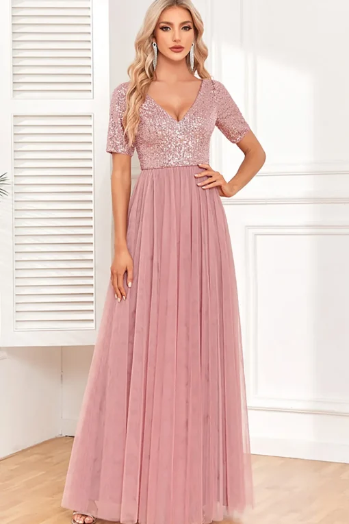 Dusty Rose A-Line V Neck Tulle Prom Dress with Short Sleeves