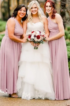 Dusty Rose Chiffon One Shoulder A-Line Long Bridesmaid Dress