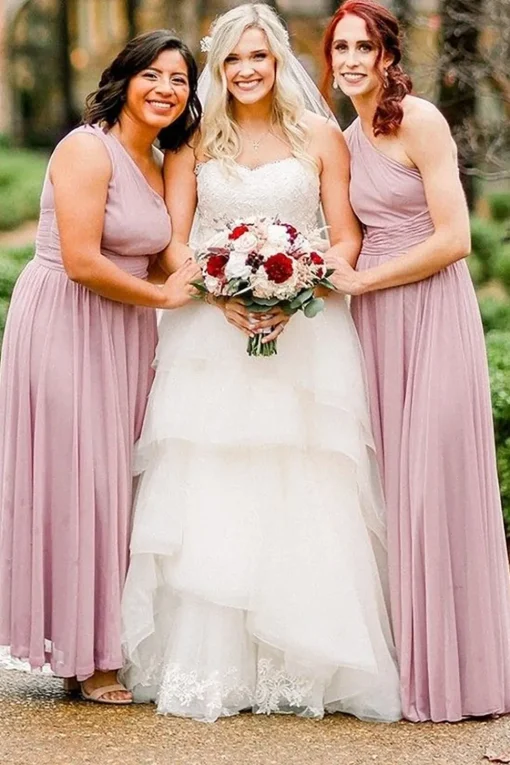 Dusty Rose Chiffon One Shoulder A-Line Long Bridesmaid Dress