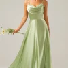 Dusty Sage A Line Cowl Neck Satin Long Bridesmaid Dress with Pleated