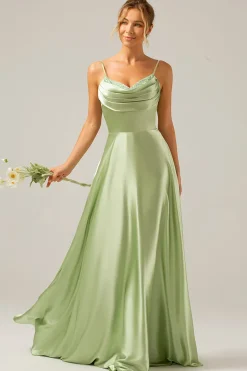 Dusty Sage A Line Cowl Neck Satin Long Bridesmaid Dress with Pleated