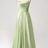 Dusty Sage A Line Cowl Neck Satin Long Prom Dress with Pleated
