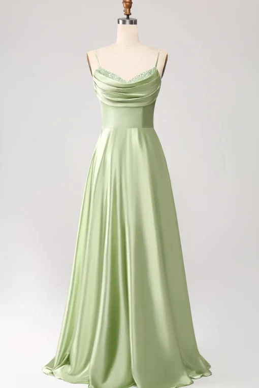 Dusty Sage A Line Cowl Neck Satin Long Prom Dress with Pleated