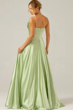 Dusty Sage A Line Cowl Neck Satin Long Bridesmaid Dress with Pleated