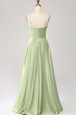 Dusty Sage A Line Cowl Neck Satin Long Prom Dress with Pleated