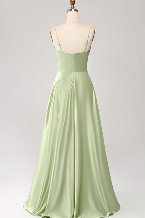 Dusty Sage A Line Cowl Neck Satin Long Prom Dress with Pleated