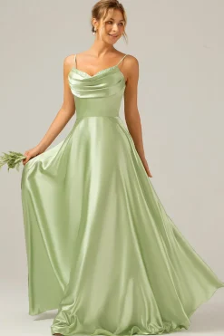 Dusty Sage A Line Cowl Neck Satin Long Bridesmaid Dress with Pleated
