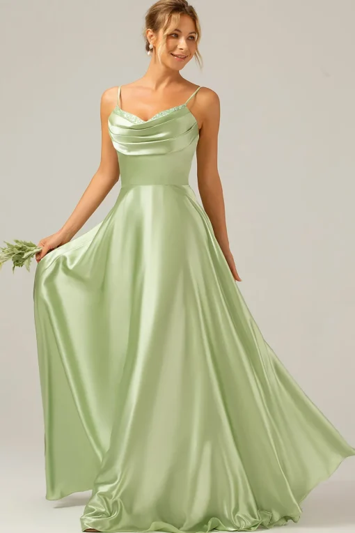 Dusty Sage A Line Cowl Neck Satin Long Bridesmaid Dress with Pleated