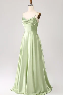 Dusty Sage A Line Cowl Neck Satin Long Prom Dress with Pleated