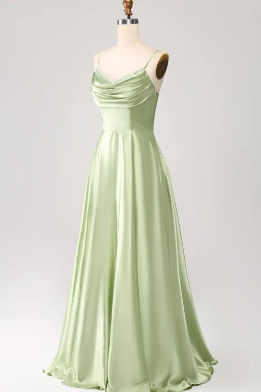 Dusty Sage A Line Cowl Neck Satin Long Prom Dress with Pleated