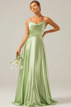 Dusty Sage A Line Cowl Neck Satin Long Bridesmaid Dress with Pleated