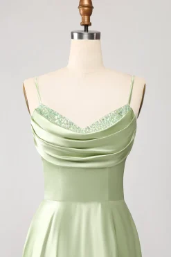 Dusty Sage A Line Cowl Neck Satin Long Prom Dress with Pleated