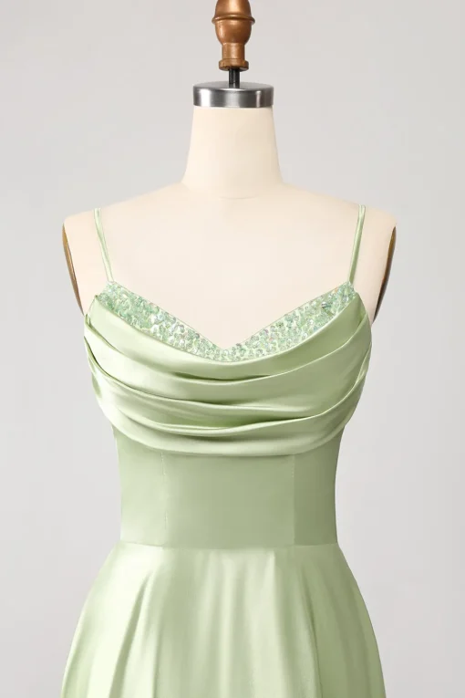 Dusty Sage A Line Cowl Neck Satin Long Prom Dress with Pleated