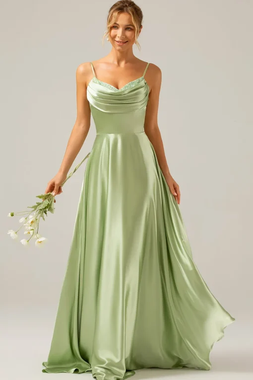 Dusty Sage A Line Cowl Neck Satin Long Bridesmaid Dress with Pleated