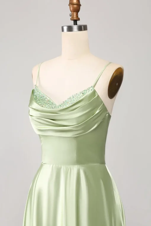Dusty Sage A Line Cowl Neck Satin Long Prom Dress with Pleated