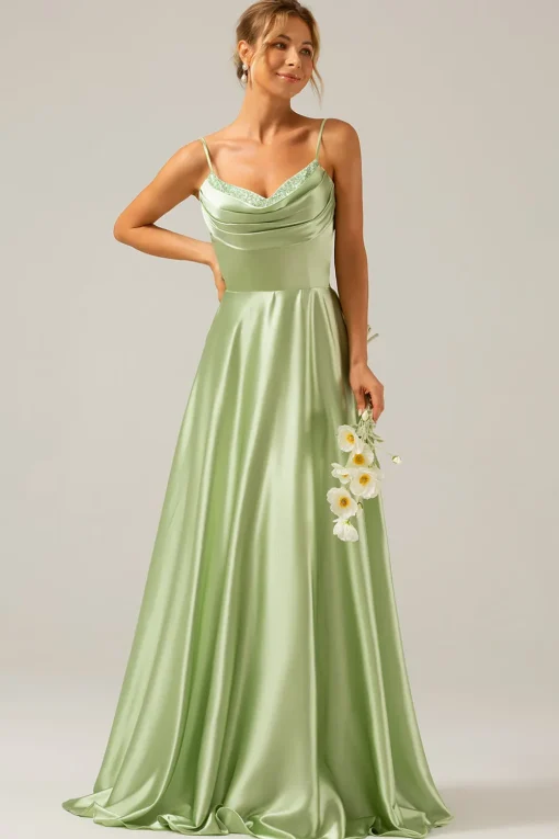 Dusty Sage A Line Cowl Neck Satin Long Bridesmaid Dress with Pleated