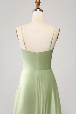 Dusty Sage A Line Cowl Neck Satin Long Prom Dress with Pleated