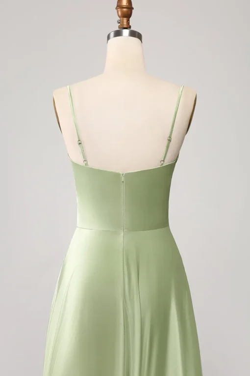 Dusty Sage A Line Cowl Neck Satin Long Prom Dress with Pleated