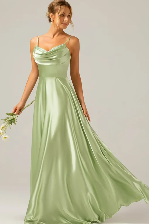 Dusty Sage A Line Cowl Neck Satin Long Bridesmaid Dress with Pleated