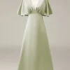 Dusty Sage V-neck Short Sleeves A-line Satin Bridesmaid Dress