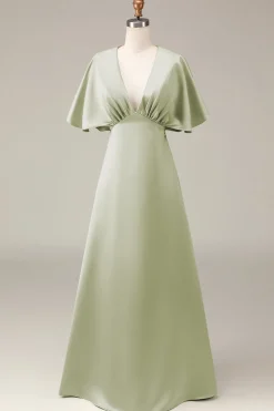 Dusty Sage V-neck Short Sleeves A-line Satin Bridesmaid Dress