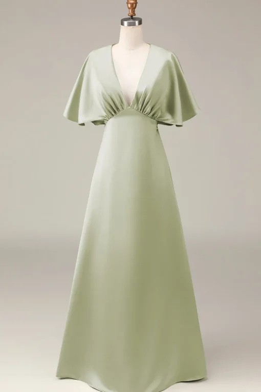 Dusty Sage V-neck Short Sleeves A-line Satin Bridesmaid Dress