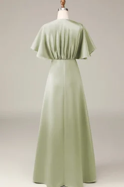 Dusty Sage V-neck Short Sleeves A-line Satin Bridesmaid Dress