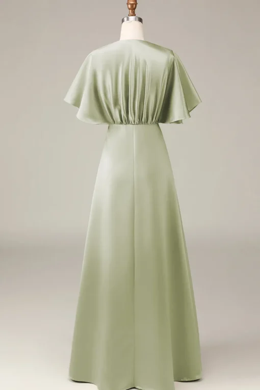 Dusty Sage V-neck Short Sleeves A-line Satin Bridesmaid Dress
