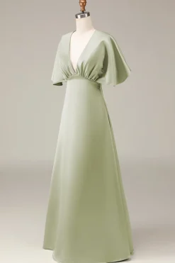 Dusty Sage V-neck Short Sleeves A-line Satin Bridesmaid Dress