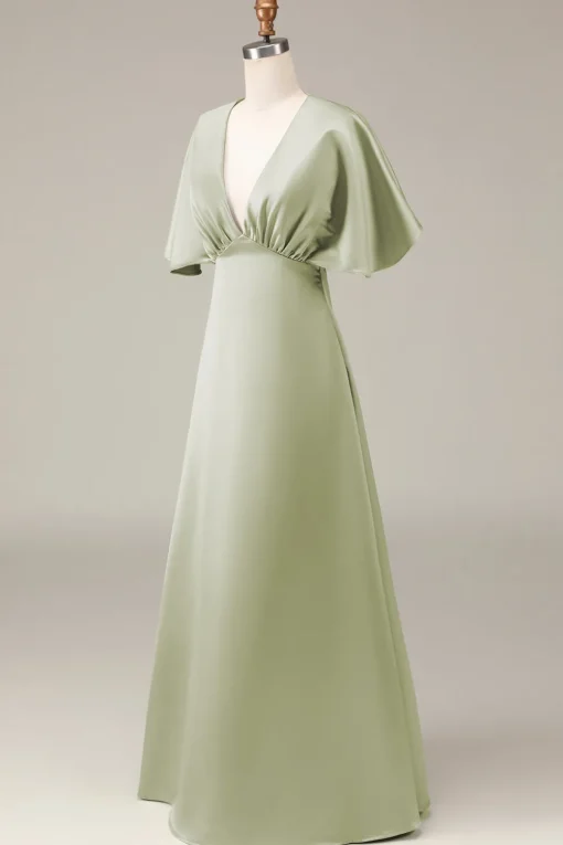 Dusty Sage V-neck Short Sleeves A-line Satin Bridesmaid Dress