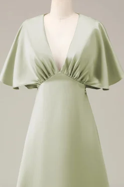 Dusty Sage V-neck Short Sleeves A-line Satin Bridesmaid Dress
