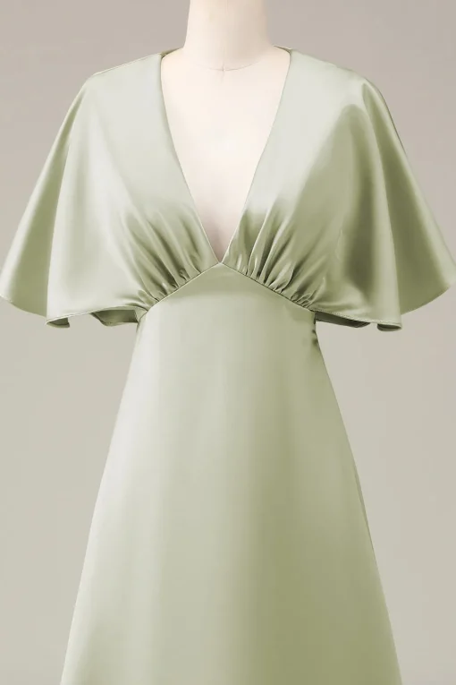 Dusty Sage V-neck Short Sleeves A-line Satin Bridesmaid Dress