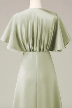 Dusty Sage V-neck Short Sleeves A-line Satin Bridesmaid Dress