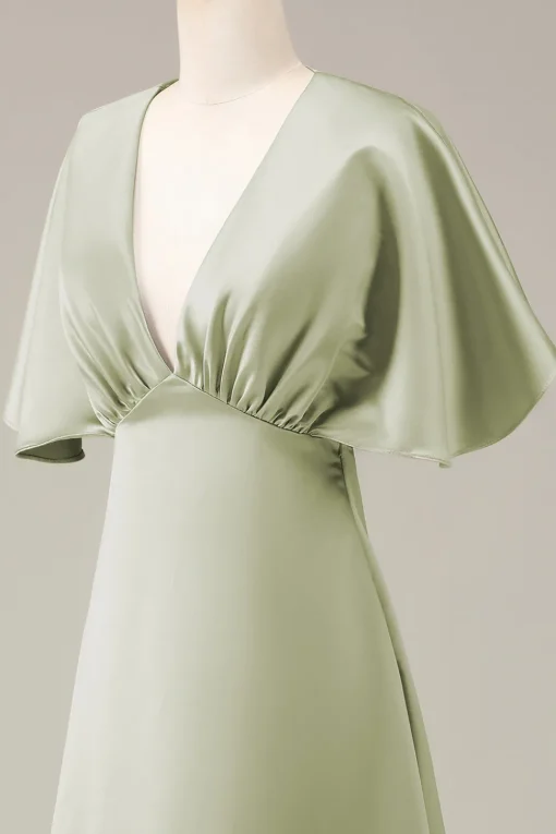Dusty Sage V-neck Short Sleeves A-line Satin Bridesmaid Dress