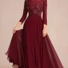 Elegant Burgundy A Line Long Sleeve Mother Of Bride Dress With Appliques