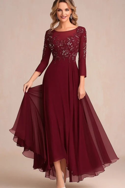 Elegant Burgundy A Line Long Sleeve Mother Of Bride Dress With Appliques