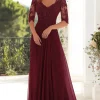 Elegant Burgundy  A Line V Neck Chiffon Long Mother Of the Bride Dress with Lace Appliques