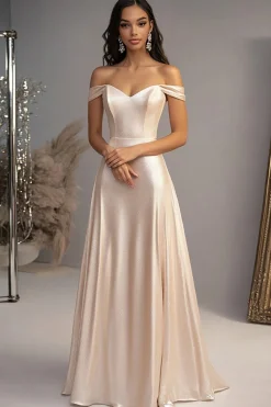 Elegant Champagne A Line Off the Shoulder Satin Long Prom Dress