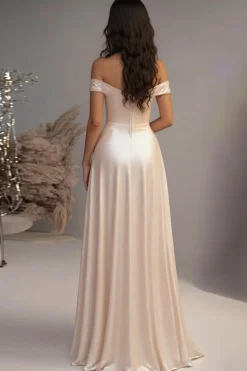 Elegant Champagne A Line Off the Shoulder Satin Long Prom Dress