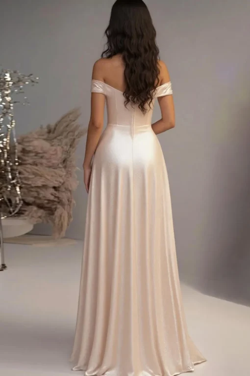 Elegant Champagne A Line Off the Shoulder Satin Long Prom Dress