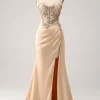 Elegant Champagne Mermaid Pleated Satin Prom Dress With Appliques