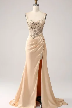 Elegant Champagne Mermaid Pleated Satin Prom Dress With Appliques