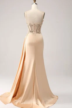 Elegant Champagne Mermaid Pleated Satin Prom Dress With Appliques