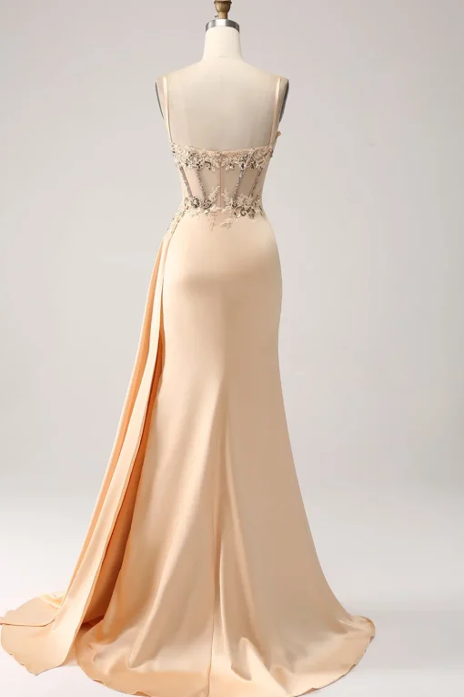 Elegant Champagne Mermaid Pleated Satin Prom Dress With Appliques