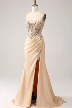 Elegant Champagne Mermaid Pleated Satin Prom Dress With Appliques