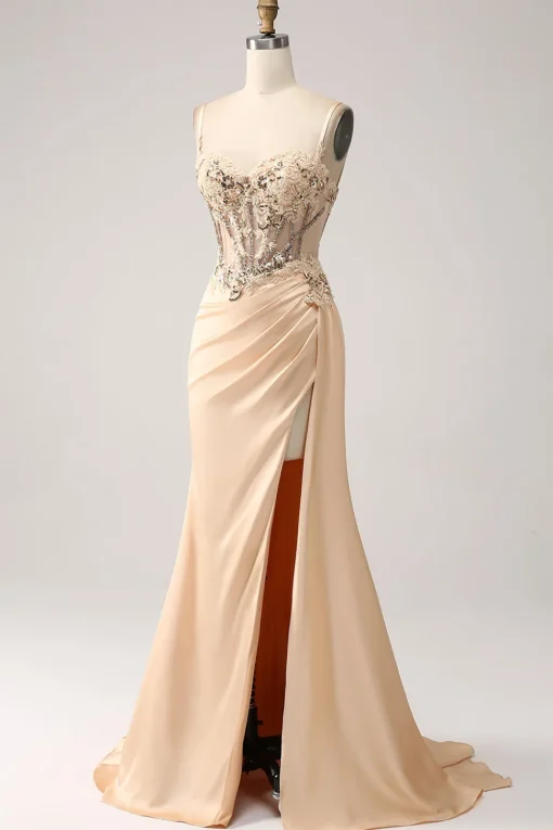 Elegant Champagne Mermaid Pleated Satin Prom Dress With Appliques